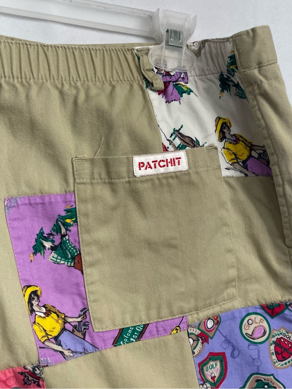 PatchIt Golf Print Patchwork Khaki Cotton Shorts Size Large Funky Retro - Picture 8 of 14